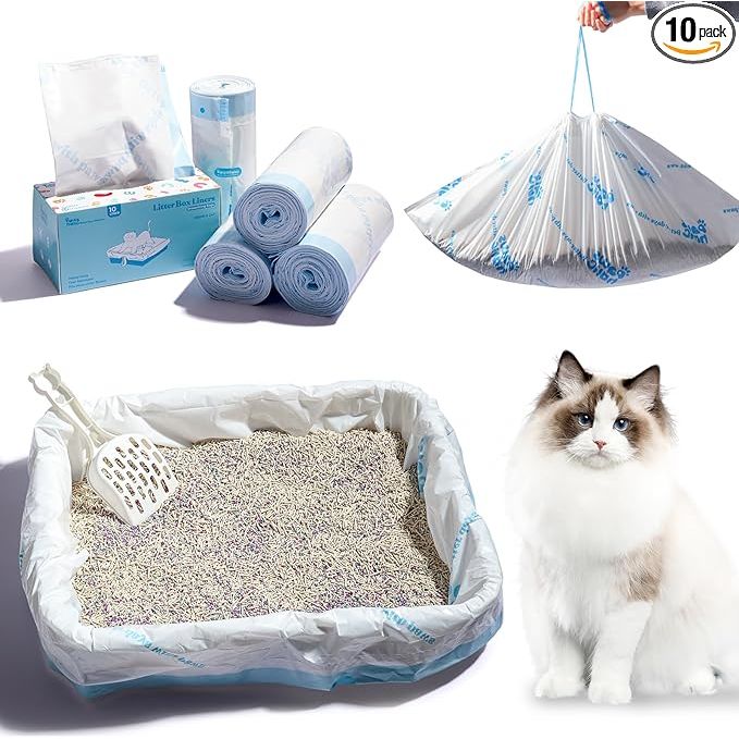 The Cat Litter Box Liners-Jumbo Drawstring Thickened Cat Box Liner is designed to fit most jumbo-sized litter boxes, measuring 36" x 18". Each pack includes 10 thick and durable liners that are leak and tear-resistant, making it easier to clean and maintain your cat's litter box.