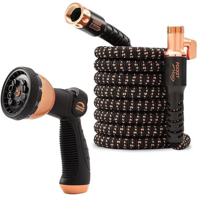 The Pocket Hose Copper Bullet Expandable Garden Hose is a 50 ft hose with a 3/4 inch diameter and a maximum pressure of 650psi, making it suitable for a variety of watering tasks.