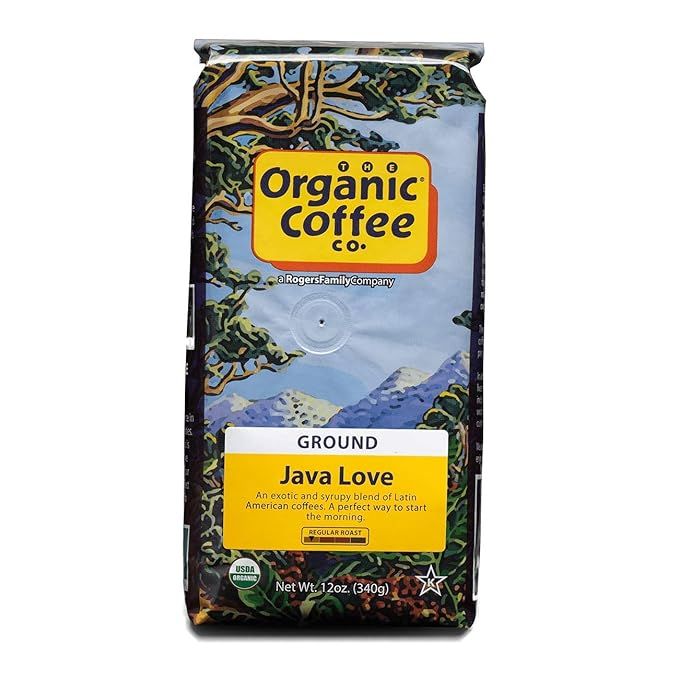 The Organic Coffee Co. Ground Coffee in Java Love is a 12oz bag of medium roast organic coffee. This coffee is USDA certified organic, meaning it is free from harmful chemicals and pesticides, and is grown and produced in accordance with strict organic standards.