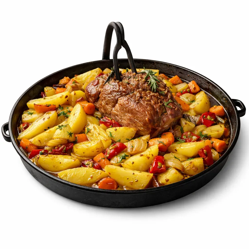 A traditional Croatian dish of Roasted Veal Under the Iron Bell, slow-cooked to enhance tenderness and flavor, ideal for family gatherings and special occasions.