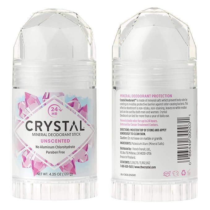 The CRYSTAL Mineral Deodorant Stick is an unscented body deodorant that provides 24-hour odor protection. It is made without the use of aluminum chloride and parabens, making it a safe and natural alternative to traditional deodorants. This product comes in a pack of two 4.25 oz sticks, with packaging that may vary.