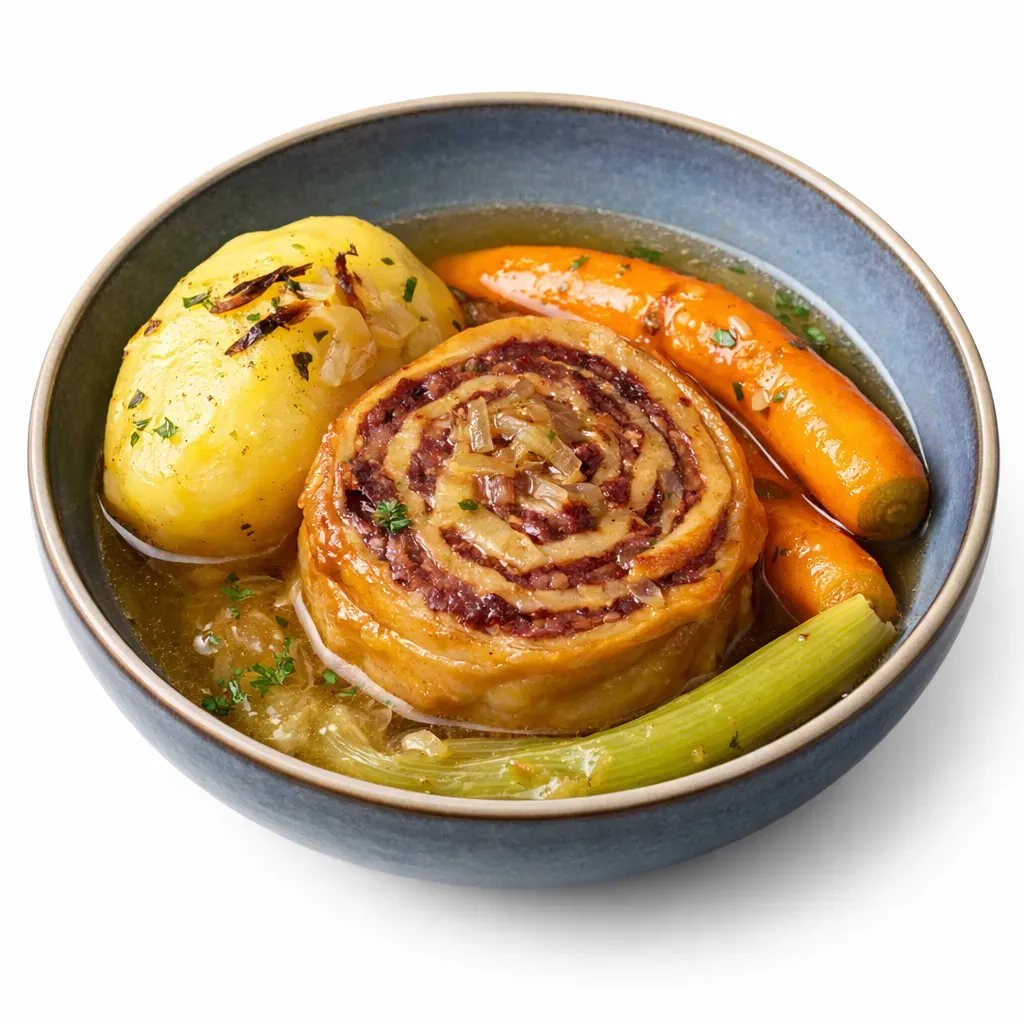 Delve into authentic French cuisine with this rich and flavorful Pot au Feu, a traditional beef and vegetable stew. Transform its succulent leftovers into Fleischschnacka, an Alsatian delicacy that rolls delectable shredded beef into thin dough.