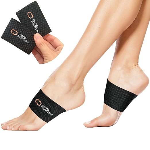 The Copper Compression Copper Arch Support is a pair of braces/sleeves designed to aid in the relief of foot pain associated with conditions such as plantar fasciitis, heel spurs, flat and fallen arches, and high arches.