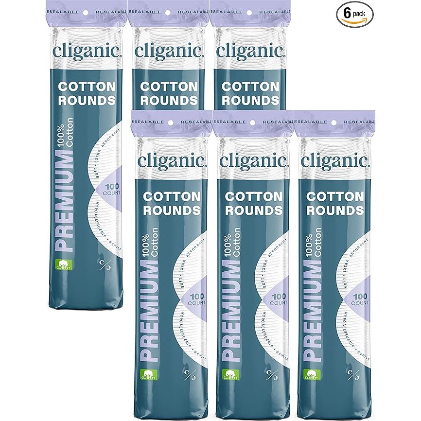 Cliganic Premium Cotton Rounds are makeup remover pads made from 100% pure cotton. They are hypoallergenic and lint-free, making them gentle on the skin and perfect for removing makeup without irritating the skin. The pack contains 6 packs of cotton rounds, providing a convenient and economical option for daily use.