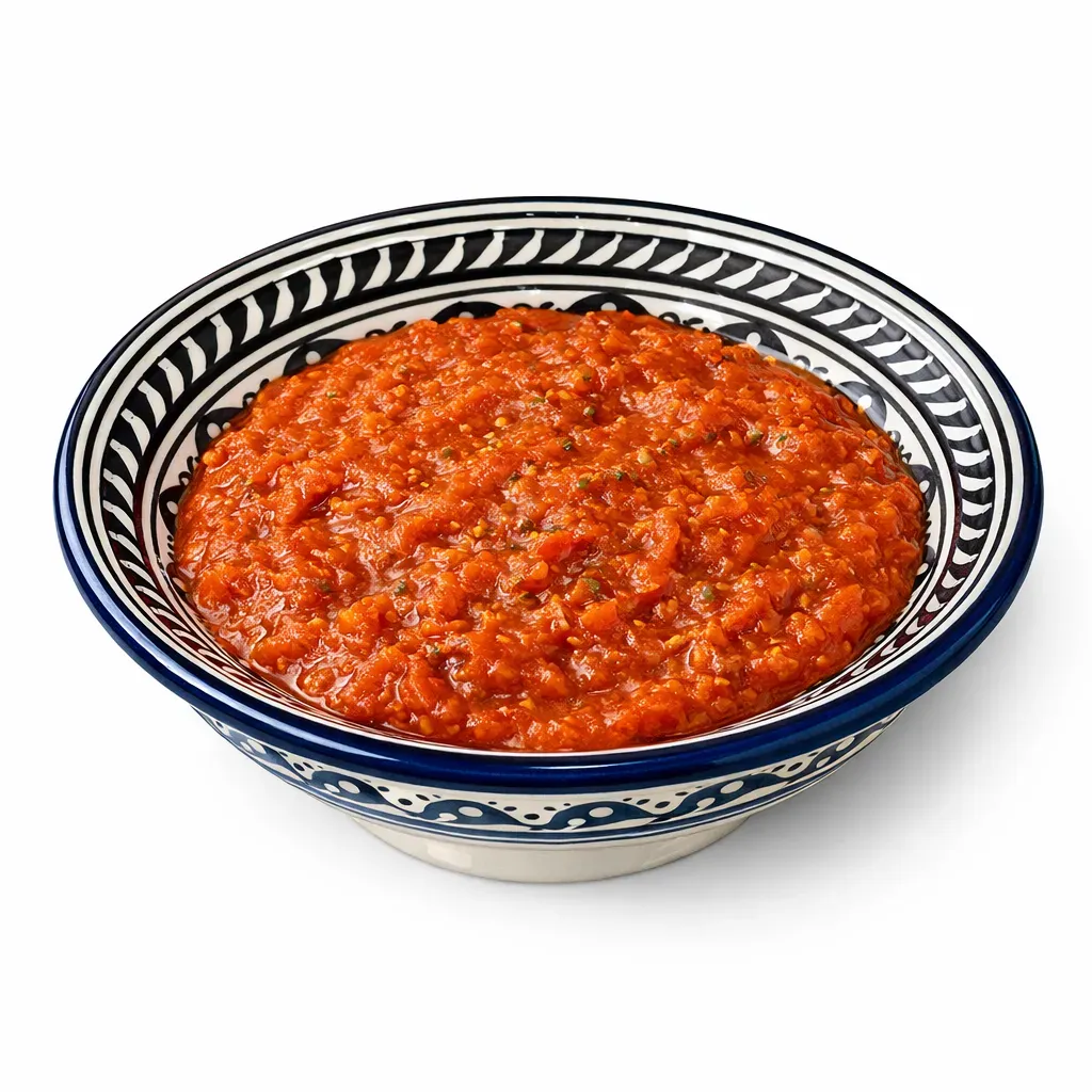 A delicious and aromatic tomato and pepper spread from Israel, perfect as an appetizer when paired with warm bread.