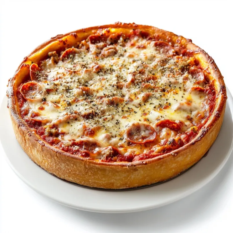 Chicago-Style Deep-Dish Pizza is an iconic dish known for its thick, buttery crust that lines a deep pie pan, cradling layers of cheese, meat, vegetables, and a chunky tomato sauce. Preparing this indulgent pizza involves creating a dough that is enriched with butter and sometimes cornmeal, giving it a distinctive yellow hue and rich flavor.