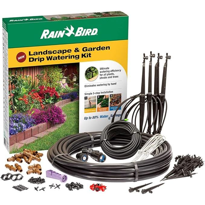 The Rain Bird LNDDRIPKIT is a drip irrigation kit designed for landscape and garden watering. It includes a variety of components such as drippers, micro-bubblers, and micro-sprays to provide targeted watering to plants and shrubs.