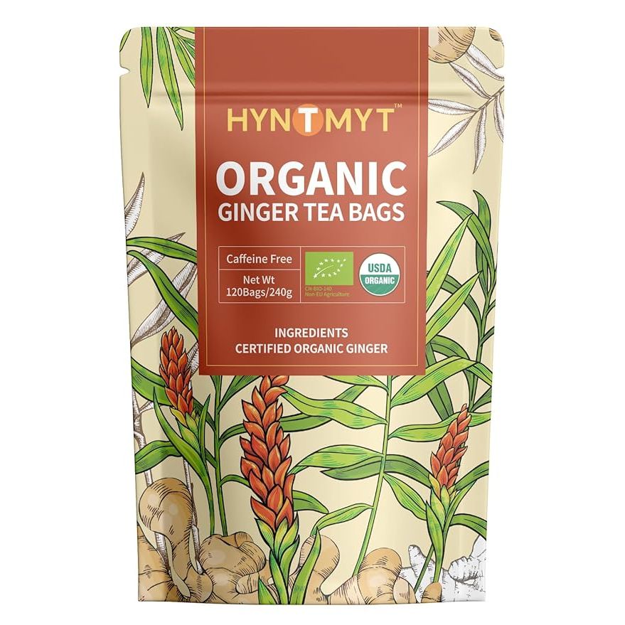 Indulge in the warm and tangy flavor of HYNTMYT organic ginger tea, made from premium ginger root for a spicy taste with a hint of sweetness. Certified USDA Organic, this caffeine-free tea is perfect for any time of day, providing a soothing aroma to relax your mind and body.