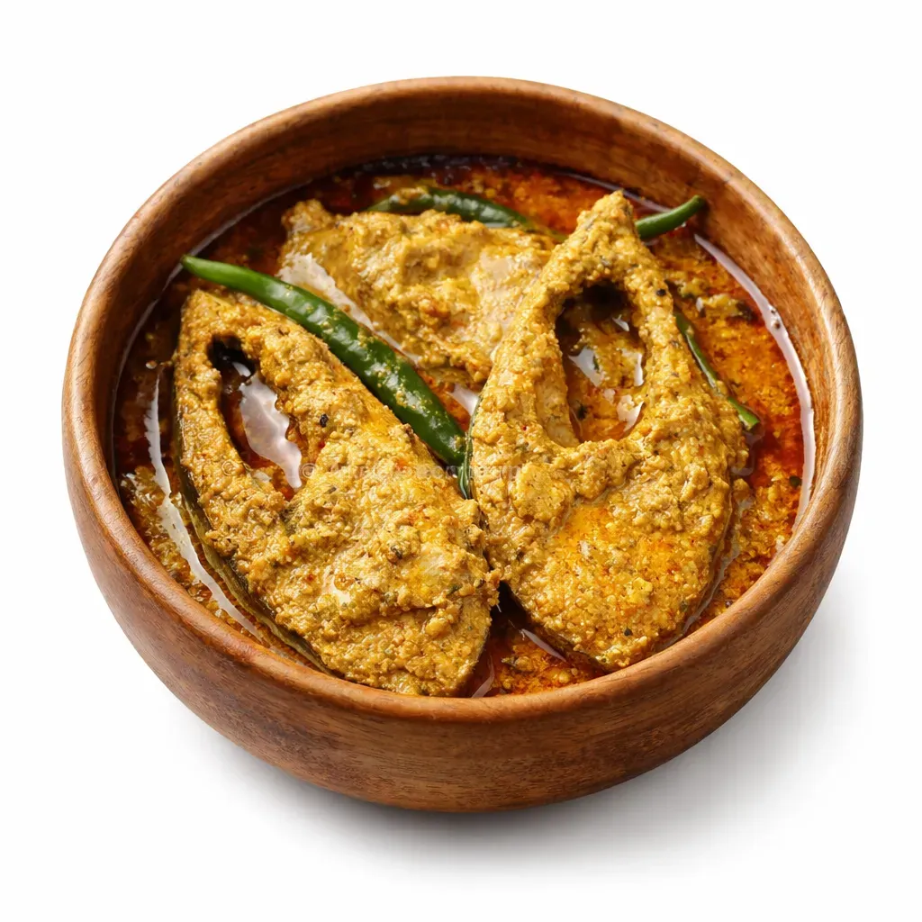 Sorshe Ilish is a beloved Bengali fish curry featuring hilsa fish in a spicy mustard gravy, perfect for pairing with steamed rice. This traditional dish is cherished for its robust flavors primarily from mustard paste, with a twist of sour yogurt to enhance the sauce.