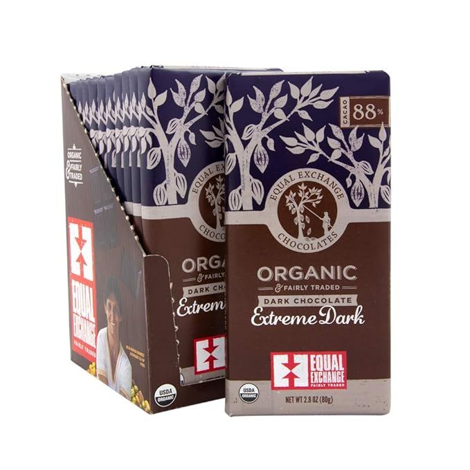 The Equal Exchange Organic Extreme Dark Chocolate Bar is a high-quality chocolate bar made with organic ingredients. Each bar contains 88% cacao, providing a rich and intense chocolate flavor that is perfect for dark chocolate lovers. This pack includes 12 bars, each weighing 2.