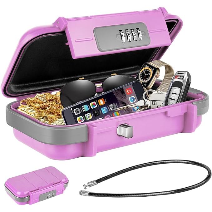 The HUANLANG Portable Safe Lock Box is a small, durable and waterproof safe that is perfect for storing valuables while on the go. It features a combination lock for added security, and a removable wire rope that allows for easy attachment to a fixed object, such as a beach chair or car seat.