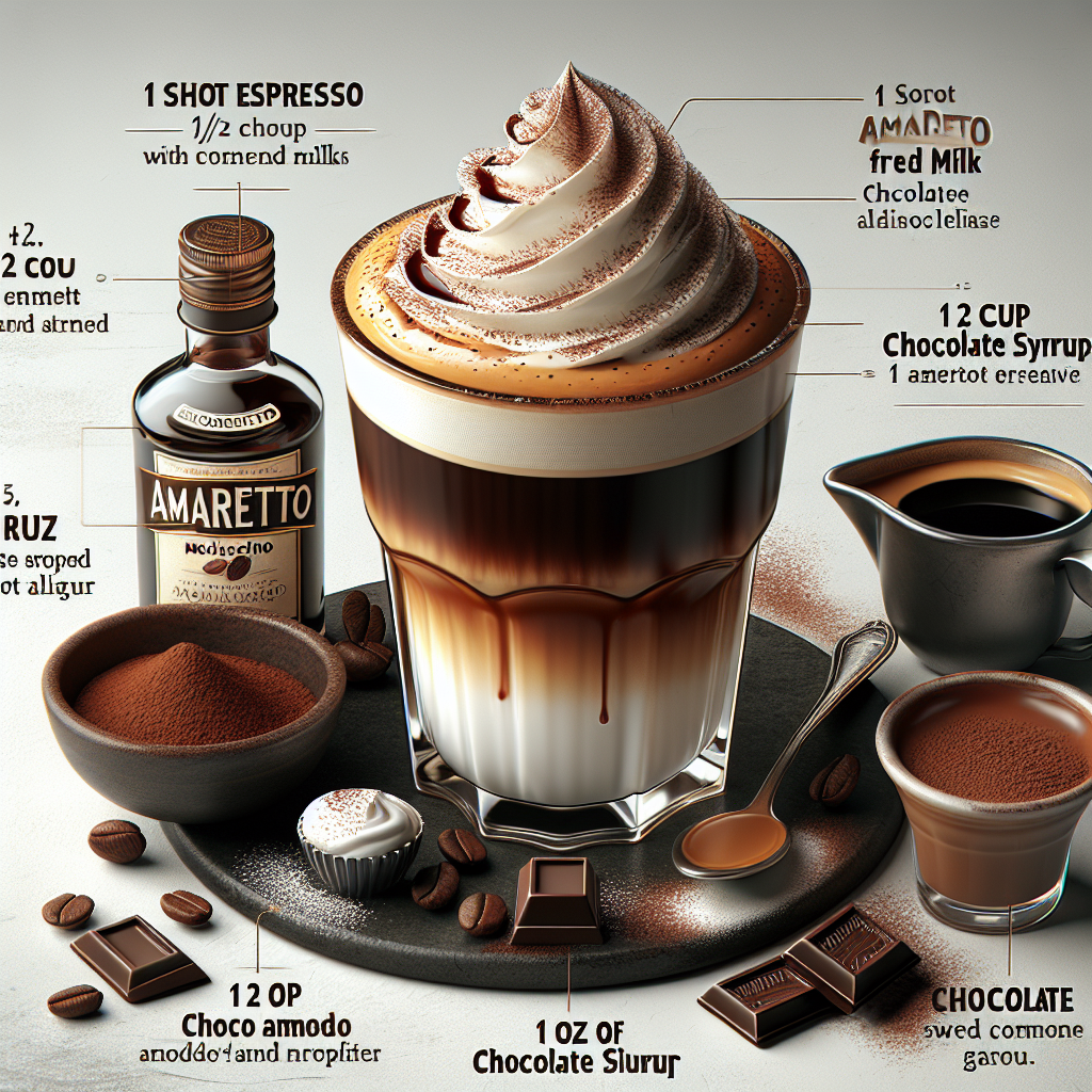 Amaretto Mochaccino is a luxurious twist on the classic mocha coffee, combining the rich, deep flavors of chocolate and coffee with the sweet, almond notes of Amaretto liqueur. This indulgent beverage begins by brewing a strong espresso which is then blended with steamed milk and a generous helping of chocolate syrup.