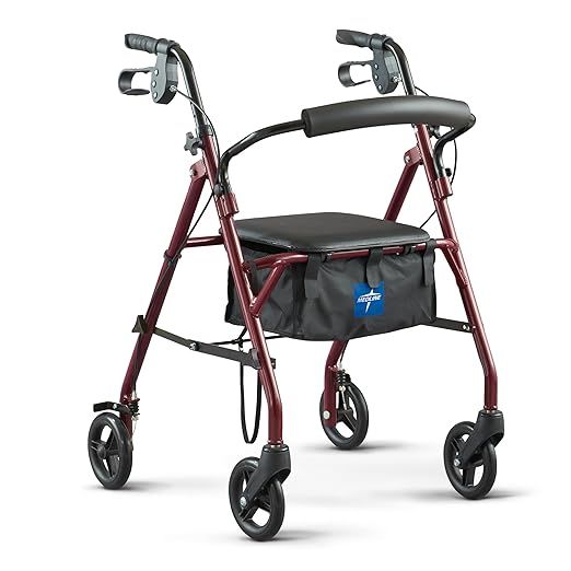 The Medline Steel Rollator Walker is a mobility aid designed to provide support and assistance to seniors and individuals with mobility impairments. It is equipped with a comfortable seat, allowing users to take a rest when needed. The walker has a weight capacity of 350 lbs, making it suitable for a wide range of users.