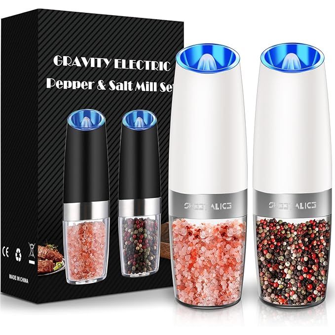 The Sweet Alice Gravity Electric Pepper and Salt Grinder Set is a convenient and stylish 2-pack set that allows you to effortlessly season your food with just the push of a button. The set comes in a sleek snow white color with LED lights for easy operation in low-light settings.