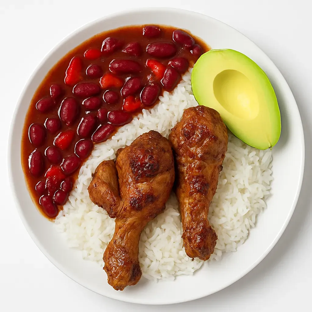A traditional Dominican meal representing the country's culinary heritage with stewed chicken, white rice, and stewed red beans, served with fresh salad and avocado.