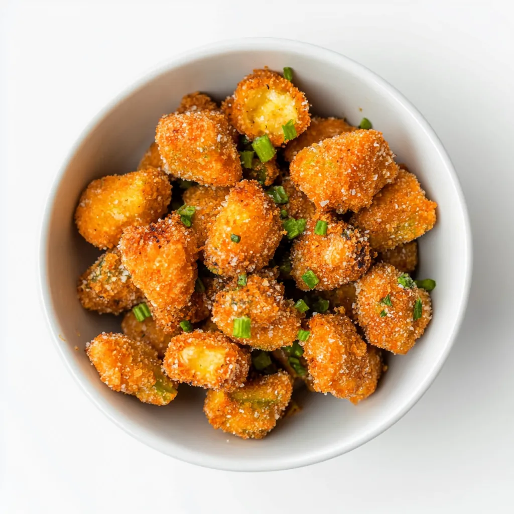 Crispy Golden-Brown Fried Okra consists of small pieces of okra coated in a seasoned cornmeal mixture and deep-fried to perfection. Each bite is characterized by a crispy exterior and a tender, gooey interior. This Southern staple is a popular dish thanks to its simplicity and the delightful contrast of textures.