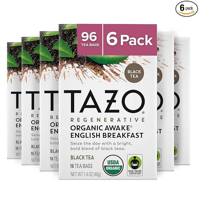 TAZO Regenerative Organic Awake English Breakfast Black Tea is a bold and invigorating blend of black teas sourced from India, Sri Lanka, and Africa.