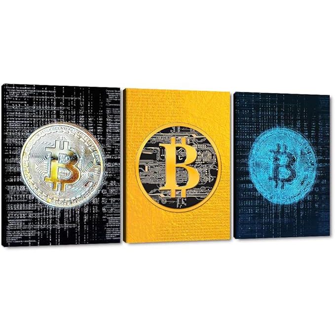 The MAMAGO Canvas Wall Art Inspirational Motivational Pictures is a set of three pieces of artwork featuring Bitcoin-related themes. Each piece measures 12"x16" and comes ready to hang, framed and all. These modern posters are designed to add a touch of inspiration and motivation to any living room, bedroom, or office space.