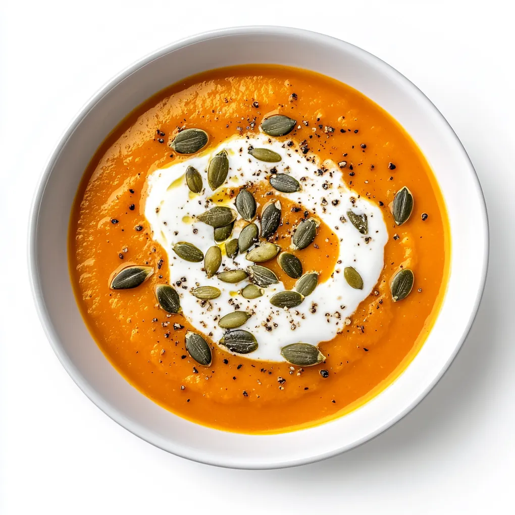 Kürbissuppe, or Rich Pumpkin Soup, is a creamy and savory soup that's a staple in autumn menus. This cozy and satisfying dish begins with roasting pumpkin to enhance its natural sweetness, then blending it into a smooth puree. The pumpkin is combined with aromatics like onions and garlic, and simmered with vegetable broth for depth of flavor.