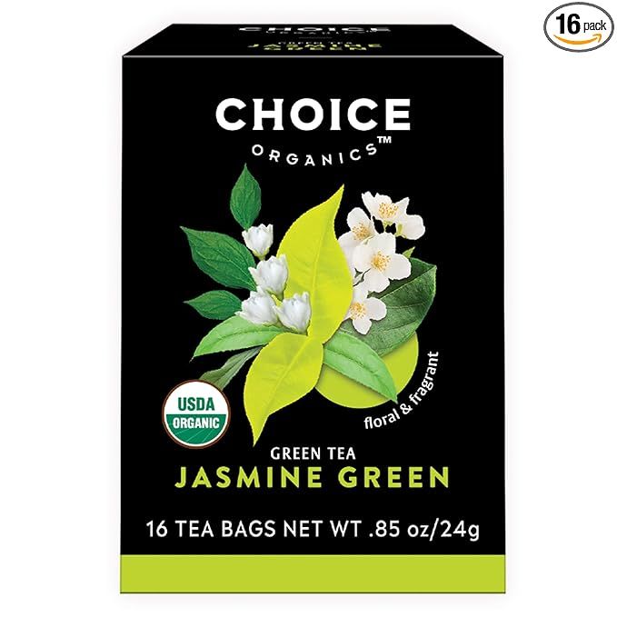 Choice Organics Organic Jasmine Green Tea is a high-quality, fair trade green tea scented with delicate jasmine blossoms. Each pack contains 16 compostable organic green tea bags, perfect for both the environment and your health. This tea contains caffeine, providing a natural energy boost without any artificial additives.