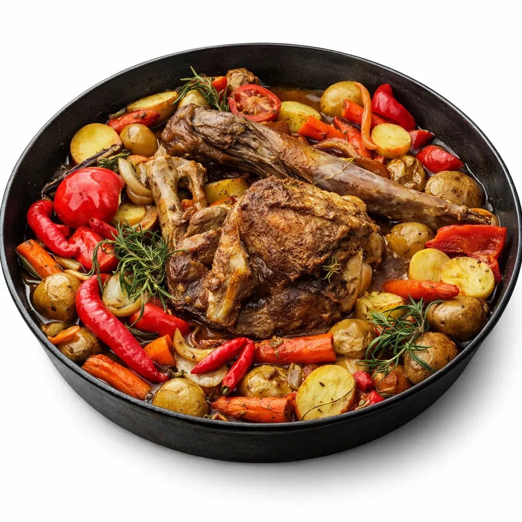 A rustic dish capturing the simplicity and richness of Balkan homestead life, featuring slow-cooked lamb paired with aromatic herbs and vegetables, perfect for gatherings.