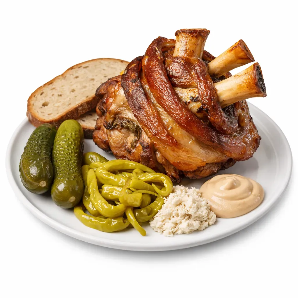 A traditional Central European delicacy featuring a slow-roasted pork knee that boasts tender meat and a perfectly crispy skin, infused with beer and warm spices.