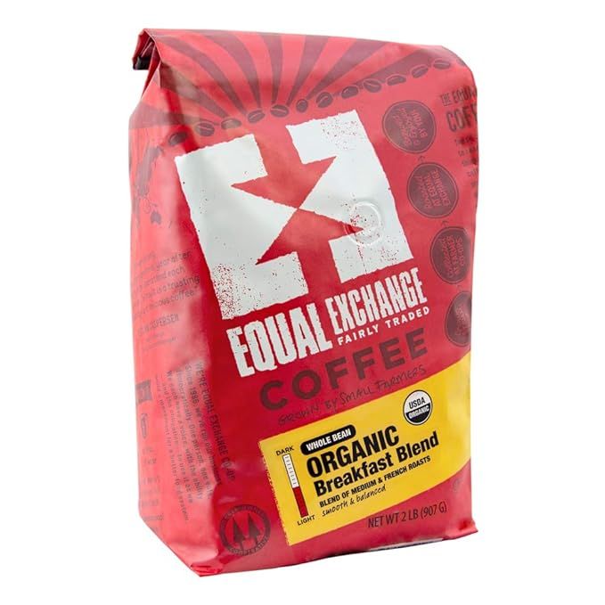 Equal Exchange Organic Whole Bean Coffee, Breakfast Blend is a Fair Trade certified coffee made with 100% organic Arabica beans sourced from small-scale farmer co-ops in Latin America, Africa, and Asia.