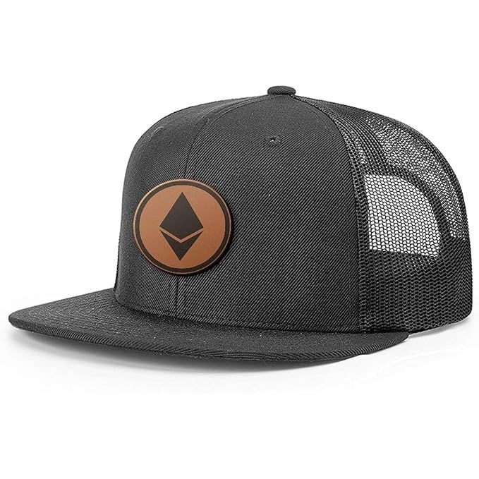 BustedTees Ethereum Leather Patch Flatbill Back Mesh Hat Baseball Cap image