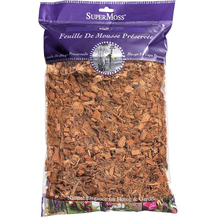 SuperMoss' Coco Mulch in Natural Brown is a premium-grade, natural coconut husk material that is perfect for adding a decorative touch to your indoor or outdoor garden. This mulch is suitable for use in containers, hanging baskets, and planters, providing excellent aeration and moisture retention for healthy plant growth.