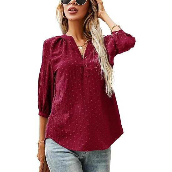 LOMON Women's Casual 3/4 Sleeve Henley V-Neck Button Up Pleated Back Blouses Swiss Dot Blouse Tops T-Shirts S-XXL image