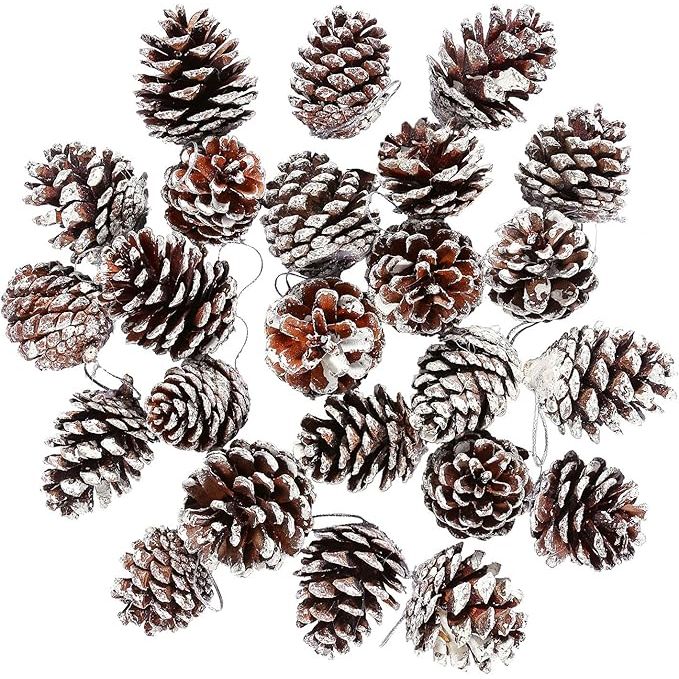 The Cooraby 24 Pieces Christmas Pine Cones Ornament is a set of natural pine cones with string included for easy hanging. These ornaments are designed for use as gift tags, Christmas tree decorations, or party hanging decorations. The pine cones are painted with a snow-like finish for a festive touch.