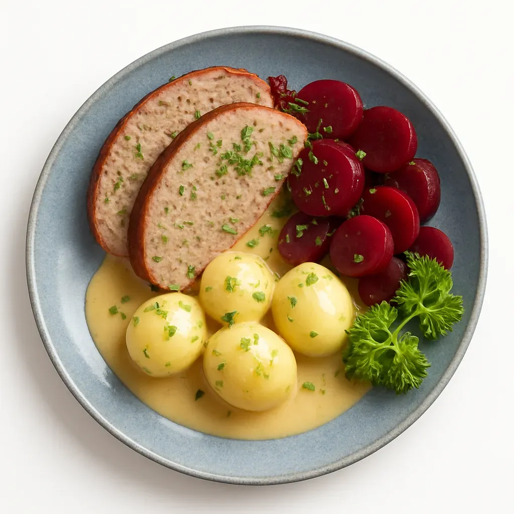 A classic Danish meatloaf wrapped in bacon, infused with caramelized onions and served with creamy gravy, boiled potatoes, and pickled beetroots.