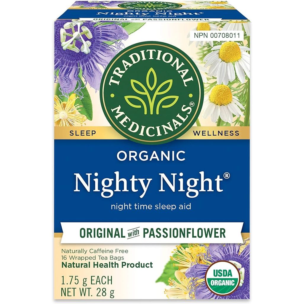 Traditional Medicinals Organic Nighty Night Herbal Tea is a natural sleep aid that contains a blend of passionflower and chamomile. This pack includes 16 tea bags, each of which is packed with the soothing and relaxing properties of these herbs.