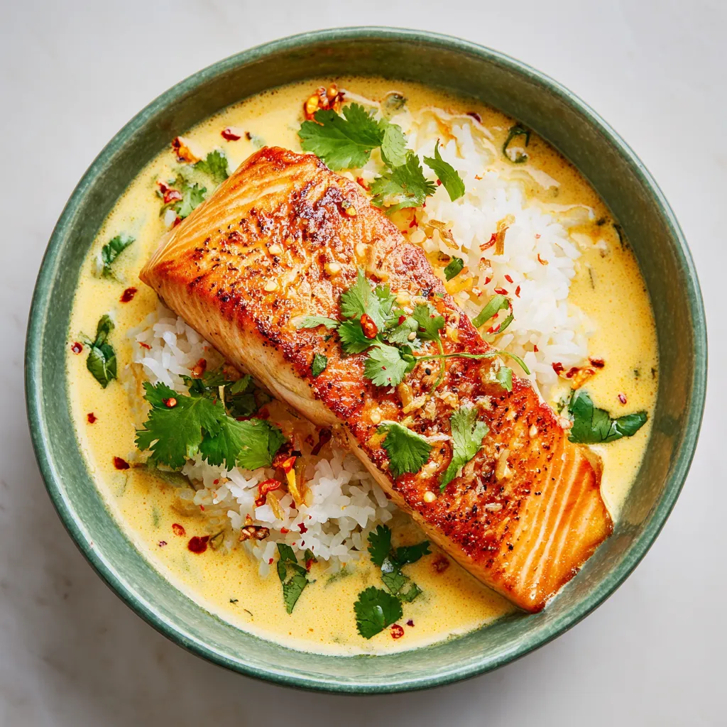 Dive into a fusion of Thai-inspired flavors with this delightful creamy coconut curry salmon. Quick to prepare and perfect for seafood lovers, it's delicious served over jasmine rice.