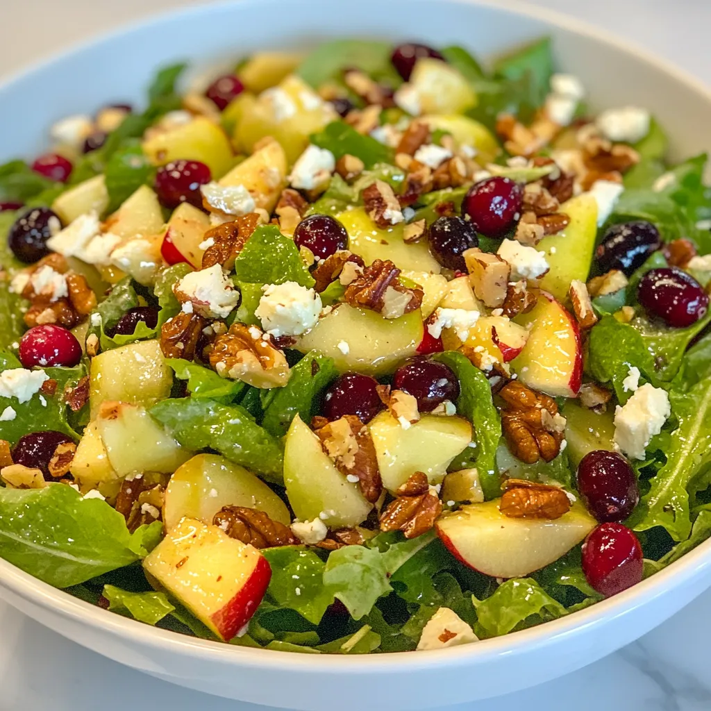 Apple Cranberry Salad is an invigorating and refreshing dish perfect for any season, but particularly delightful during the autumn months when apples and cranberries are at their peak. The salad showcases a vibrant mix of crisp apples, tart cranberries, and lush greens, tossed with a sweet and tangy dressing that marries the flavors beautifully. Often garnished with toasted nuts and crumbled cheese, this salad presents a delightful contrast of textures and flavors, making it a fabulous appetizer, a healthy snack, or a light meal in itself. Description by ChatGPT.