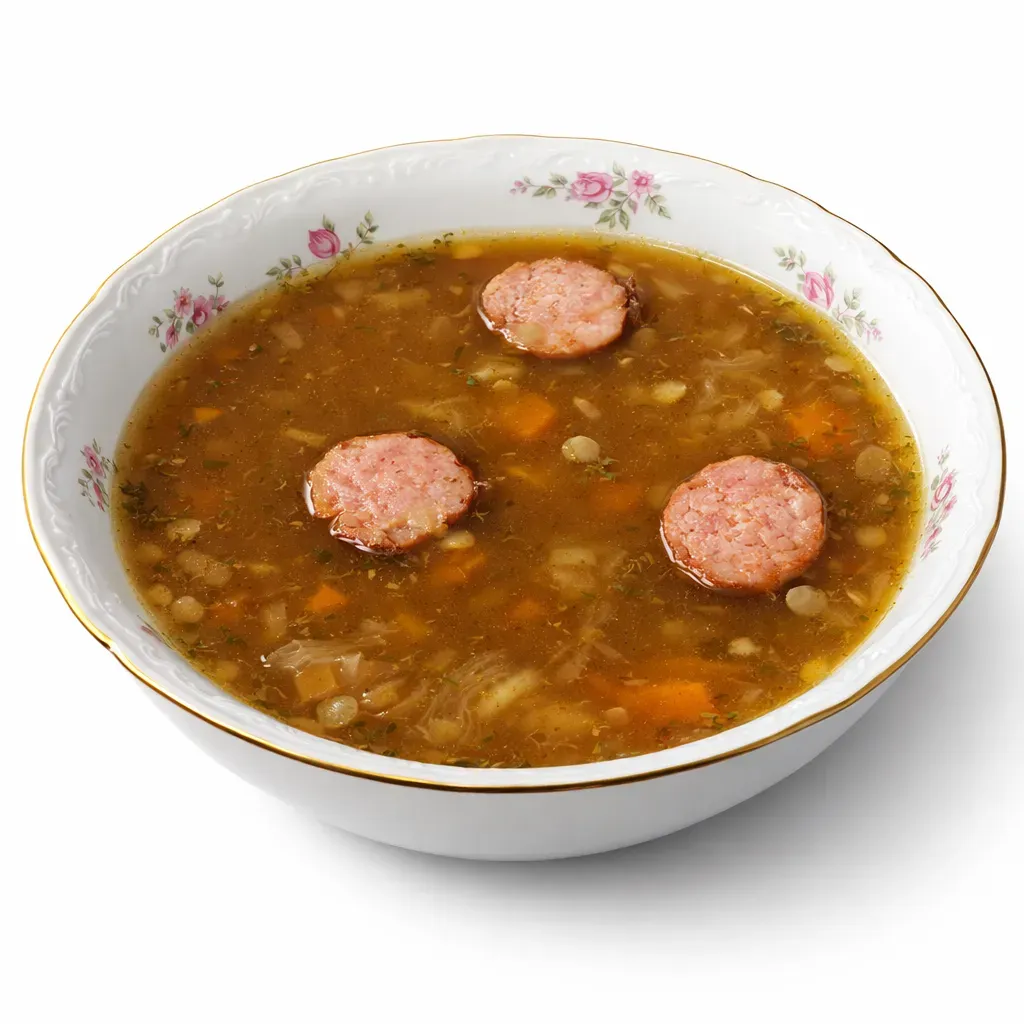 A heartwarming and traditional Czech lentil soup made with earthy lentils, smoky kielbasa sausage, and aromatic vegetables in a rich beef broth, perfect for cozy nights.