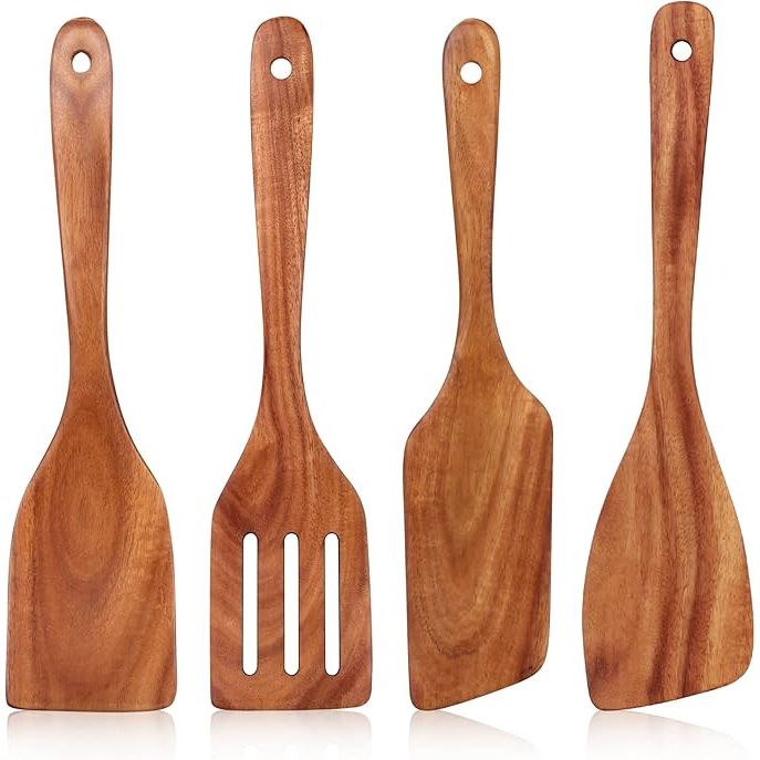 Experience the beauty and quality of natural teak wood with this 4-piece spatula set. Crafted from the best teak wood, each utensil showcases a unique original color and grain, making it a stunning addition to any kitchen. Rest assured that these utensils are free from BPA, PVC, and toxic finishes, ensuring the safety of your family.