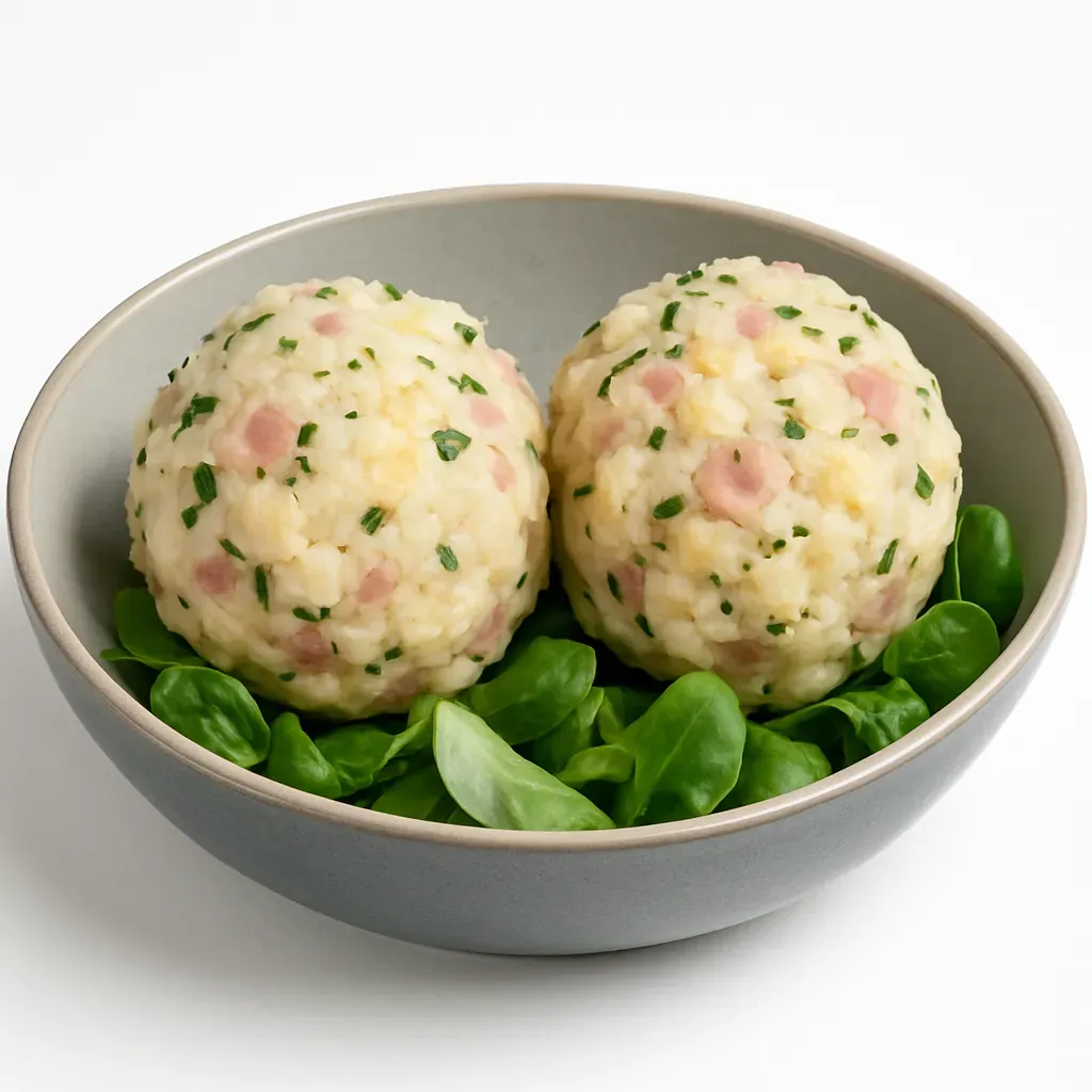 A hearty and comforting dish from alpine cuisine, combining Tyrolean speck with soft dumpling bread, cooked on a grill for a unique smoky flavor.