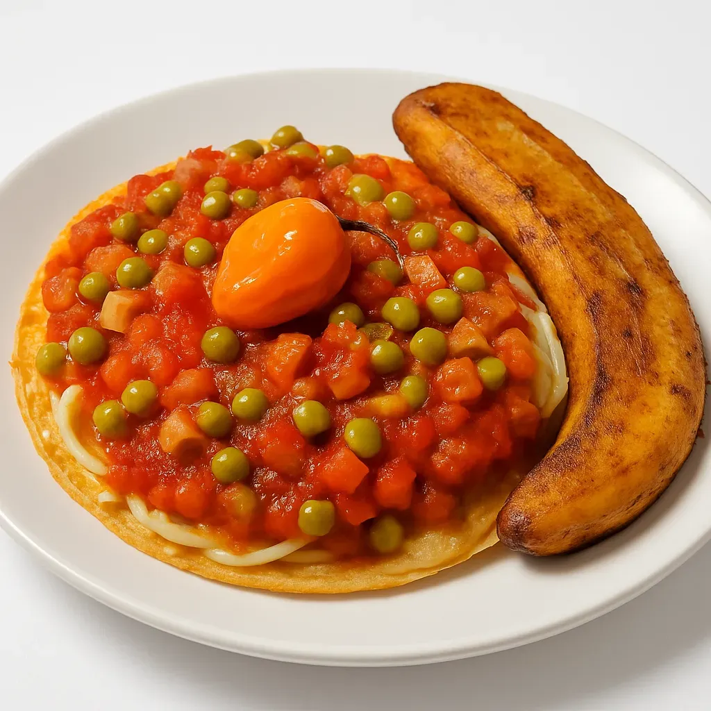 A traditional Yucatán breakfast dish combining crispy tortillas, refried black beans, sunny-side-up eggs, and a delicious tomato-habanero sauce topped with savory ham and peas.