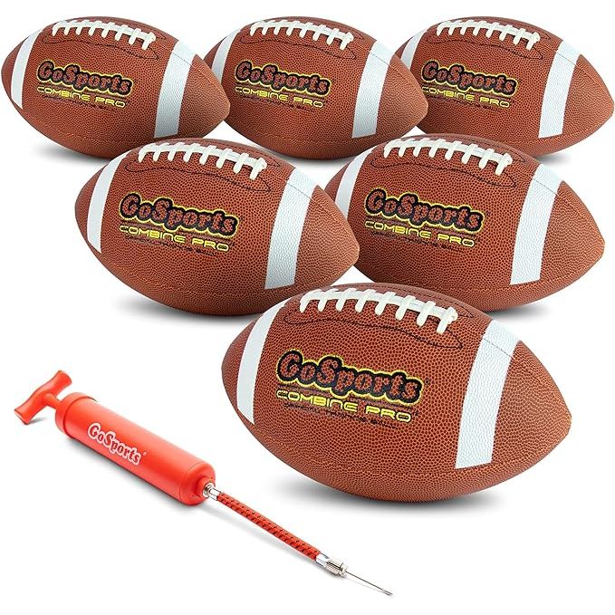 The GoSports Combine Football 6 Pack is a set of regulation size footballs designed for high school and college athletes. These official composite leather balls are ideal for players looking to improve their skills and performance on the field. The pack includes six footballs, making it perfect for team practices, drills, or training sessions.