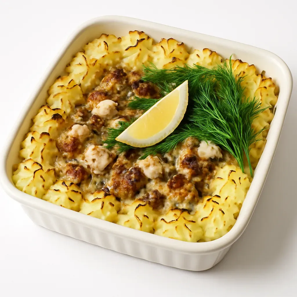 A comforting seafood casserole combining cod fillets, creamy dill sauce, mushrooms, and duchesse potatoes, perfect for family meals or special occasions.