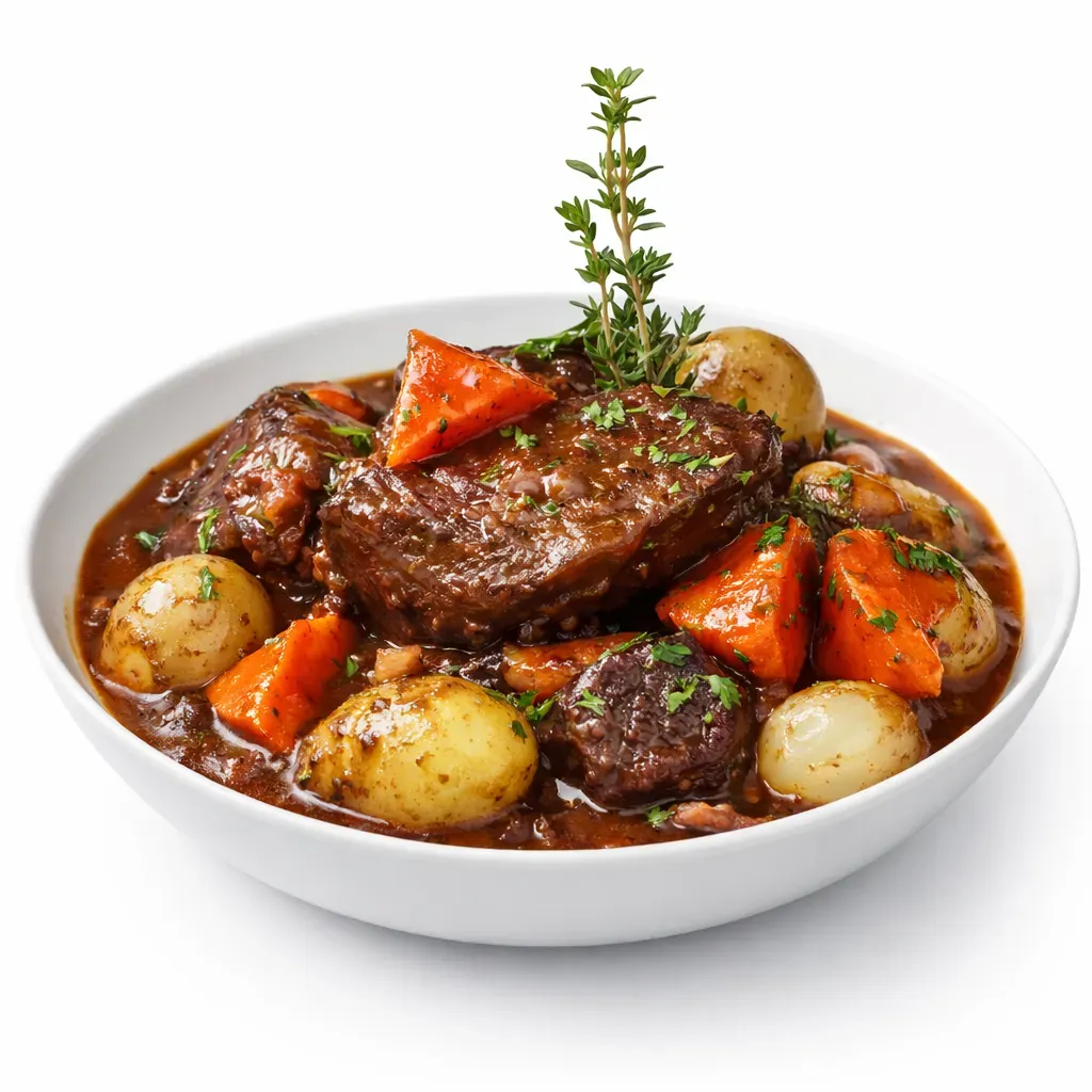 A quintessential French dish that marries tender beef with the depth of red wine, creating a comforting and impressive meal perfect for special occasions.