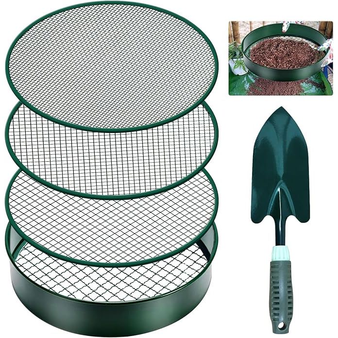 The Soil Sifter is a 11.8" fine mesh stainless steel sifter designed for gardening and composting. It comes with four interchangeable filter mesh sizes (3, 6, 9, 12mm) that allow you to sift through soil, sand, rocks, dirt, and compost with ease. The sifter also includes a shovel, making it a convenient tool for any gardener or landscaper.