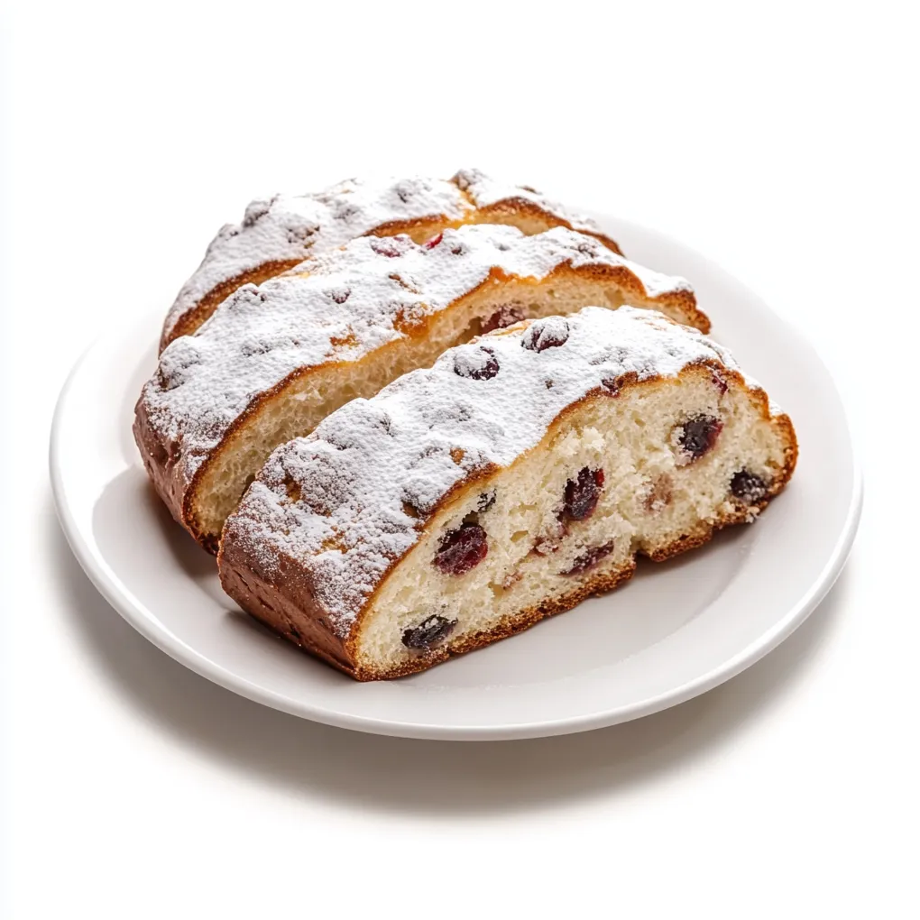 Stollen is a traditional German fruit bread often enjoyed during the holiday season. Its dense yet tender crumb is generously dotted with dried fruits such as raisins, currants, and candied citrus peel, as well as almonds or marzipan. Infused with a warm blend of spices like cinnamon and cardamom, this bread is enriched with eggs and butter, yielding a luxurious texture. After baking, the Stollen is brushed with melted butter and rolled in a thick coat of powdered sugar, evoking the appearance of a winter snowfall. It's a festive treat that doubles as a delicious breakfast or a sweet afternoon snack alongside a cup of coffee or mulled wine.