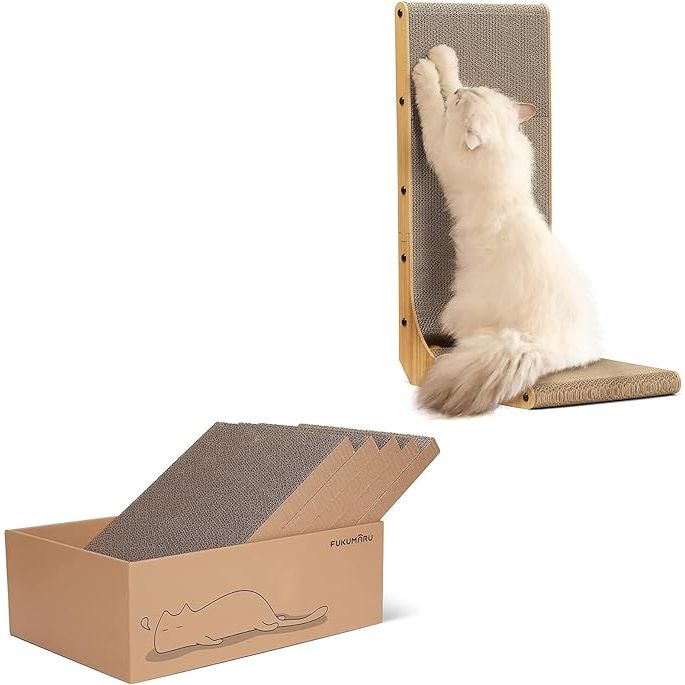 The FUKUMARU Cat Scratcher is a 26.8-inch L-shaped cat scratch pad that can be wall-mounted, providing your cat with a designated scratching area that helps protect your furniture and walls from damage. The sleek design of this cat scratcher is not only functional but also visually appealing, blending seamlessly into any home décor.