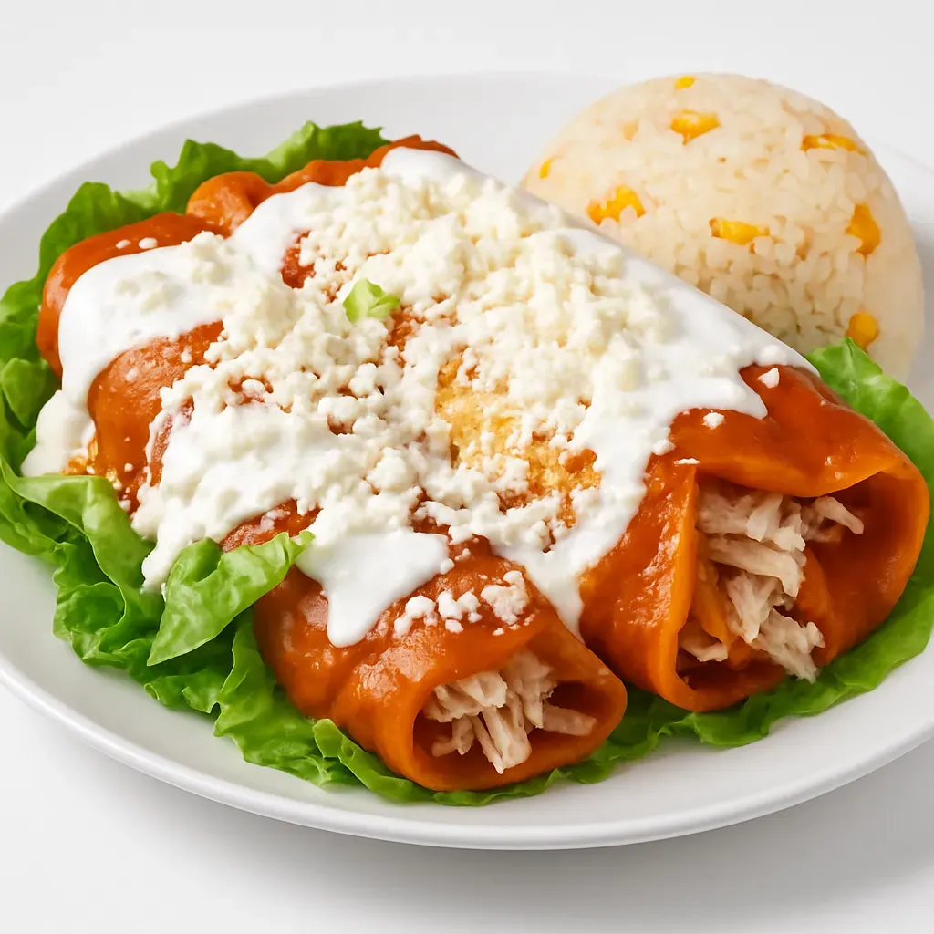 A delightful Mexican dish featuring corn tortillas dipped in a rich bean sauce, filled with tender shredded chicken, and garnished with fresh cream and cheese.
