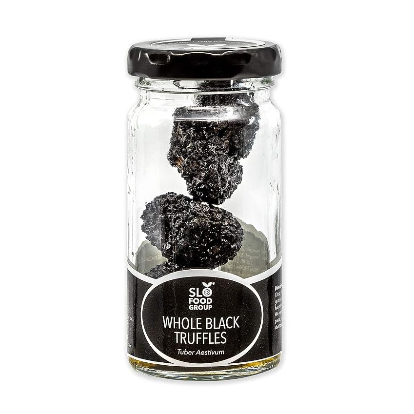 Slofoodgroup Black Truffles are a premium gourmet food product made from preserved whole black truffles (Tuber Aestivum) that are preserved in brine. Each jar contains 30 grams of truffles, offering a rich and earthy flavor profile that is highly sought after in upscale cuisine.