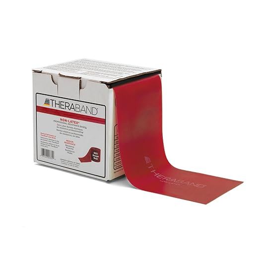 The THERABAND Resistance Band 25 Yard Roll in Medium Red is a non-latex professional elastic band designed for upper and lower body exercise workouts, physical therapy, pilates, and rehabilitation. This product comes in a convenient dispenser box for easy storage and use.