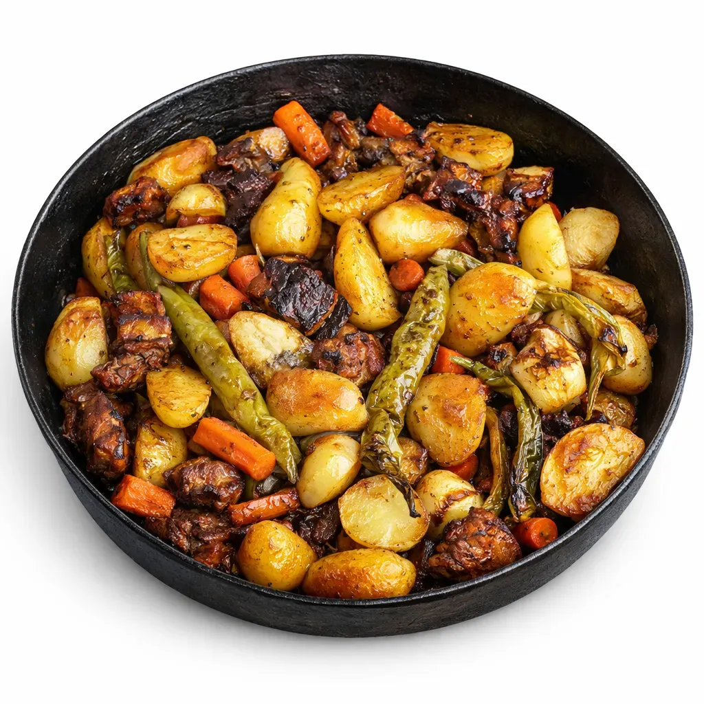 A traditional Croatian Peka dish featuring slowly roasted pork belly, potatoes, and vegetables, creating a tender and aromatic culinary experience.