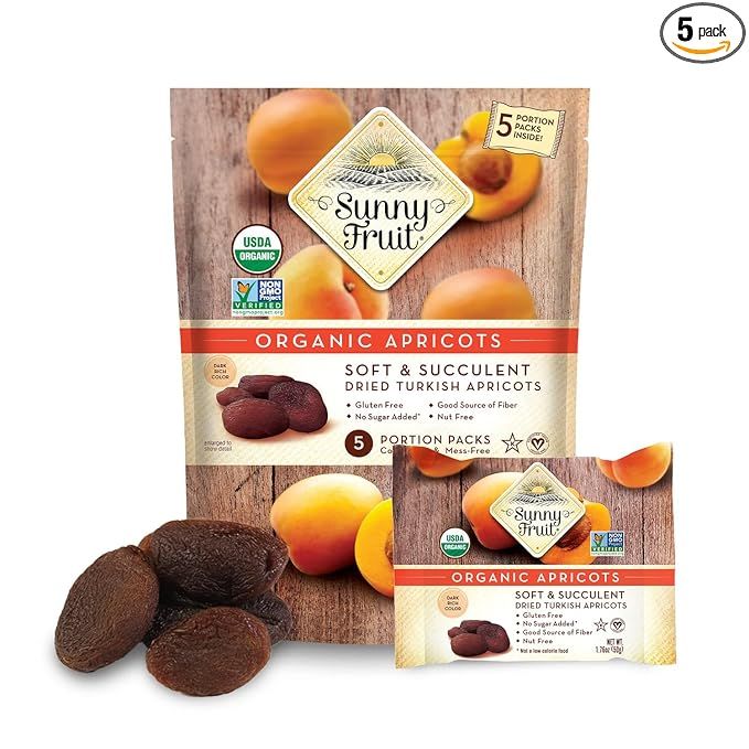 Sunny Fruit Soft Organic Turkish Dried Apricots come in a convenient bag with 5 individual portion packs, making it a healthy and easy snack option for on-the-go. These apricots are certified organic, non-GMO, vegan, halal, and kosher, making them suitable for a variety of dietary preferences and restrictions.